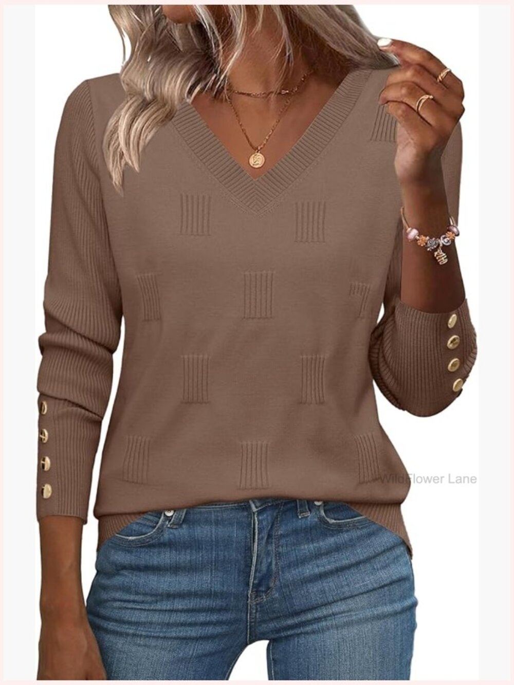 V-Neck Long Sleeve Ribbed Knit Pullover Sweater with Button Cuffs